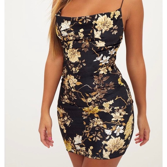 PrettyLitteThing Black Velvet Floral Cowl Neck Bodycon Dress Size 4 - Picture 4 of 10